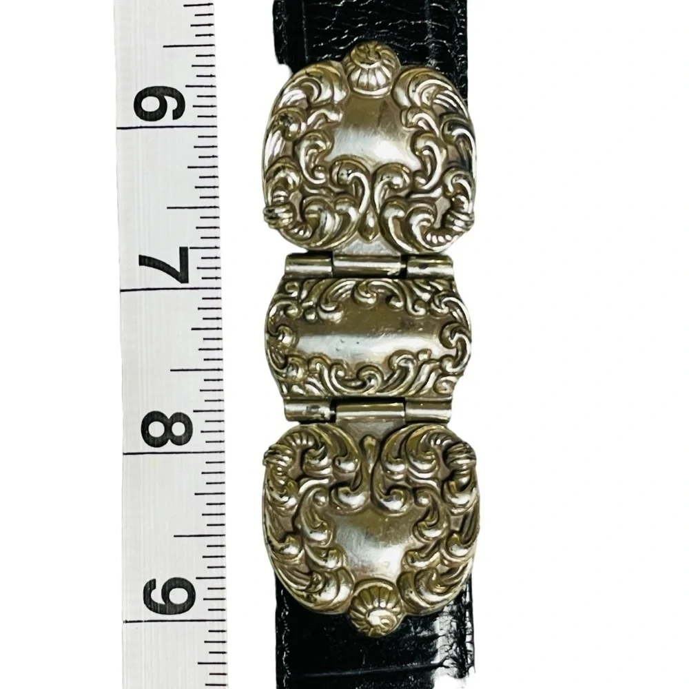 Fossil Black Croco Embossed Cowhide Belt Scrolled Silver Tone Accents/Buckle - L